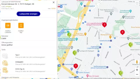 Die Detailansicht der digitalen Karte zeigt die genau Adresse der jeweiligen Ladesäule und Bezahloptionen.